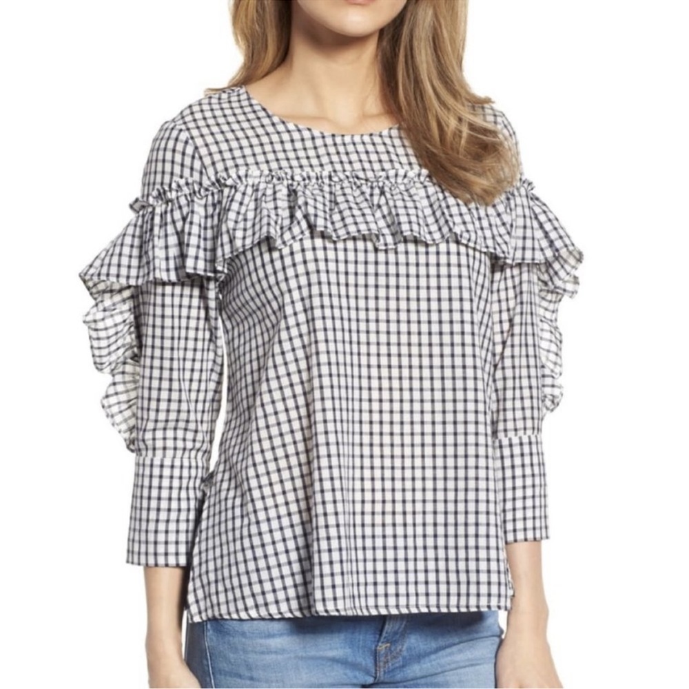 VELVET BY GRAHAM & SPENCER Check Ruffle Yoke Top Size small